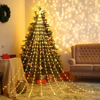 9x2M Рождественские Украшения Star String Lights 190 LED Открытый Водопад Елочные Огни с Топпером Звезда Рождественская Гирлянда Свет