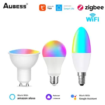 AUBESS Tuya WiFi ZigBee Умная Волшебная Лампа с Регулируемой Яркостью E14 E14 GU10 RGBCW Светодиодная Лампа Для приложения Smart Life Alexa Google Home Яндекс Алиса
