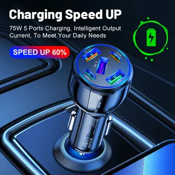 автомобильная зарядка мощностью 75 Вт, 5-портовое автомобильное зарядное устройство для быстрой зарядки 3usb 2pd, автомобильное быстрое зарядное устройство, адаптер для мобильного телефона для Iphone Android