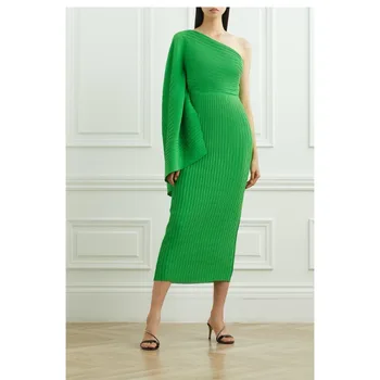Весна 2024, плиссированное платье с открытыми плечами, женский приталенный бюстгальтер на молнии сбоку, Зеленое платье средней длины, высококачественное официальное вечернее платье