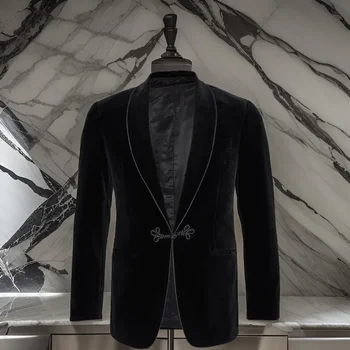 Высококачественный бархатный пиджак для курения, свободный Блейзер с отворотом от шали, мужской Официальный повседневный костюм для вечеринки, выпускного вечера, пальто 2024 года, сшитое на заказ