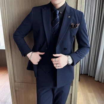 Высококачественный костюм 2023 года (костюм + жилет + брюки) Стильный и красивый деловой Корейский двубортный костюм-тройка