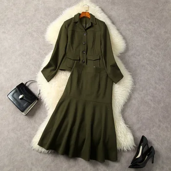Европейская и американская женская одежда 2023, весеннее новое зеленое однобортное пальто с длинными рукавами и юбкой 