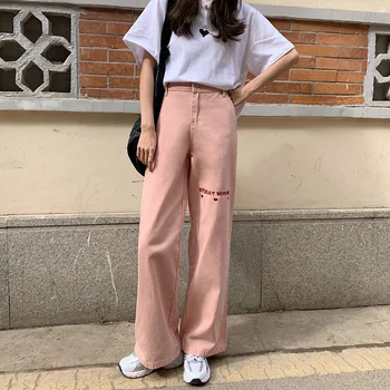 Женские джинсы 2021 года, Новая розовая уличная одежда с вышивкой, Широкие брюки с высокой талией, мешковатые прямые джинсовые брюки Harajuku