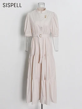 Женское свободное однотонное платье SISPELL с воротником-стойкой, пышными рукавами, высокой талией, минималистичные платья миди, женская Корейская модная одежда