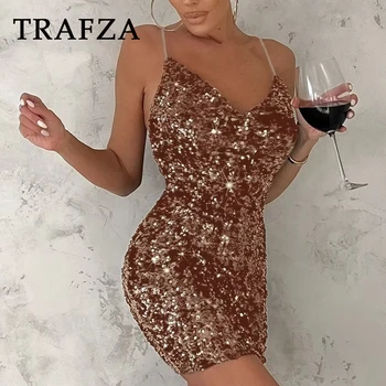 Женское сексуальное платье TRAFZA 2024 на молнии, приталенное платье без рукавов, мини-платье с ворсистым воротником и блестками, Элегантное женское платье для вечеринок, Шикарное Женское платье