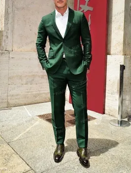 Зеленые Мужские смокинги, деловой костюм Жениха, Жених для выпускного вечера, Свадебной вечеринки, официальный комплект из 2 предметов, куртка и брюки
