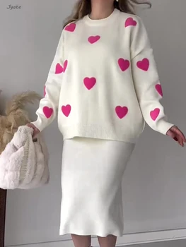 Комплект с вязаной длинной юбкой Love для женщин, 2 предмета, модный трикотаж, тонкое зимнее платье для комплекта, универсальный пуловер, осенние женские наряды