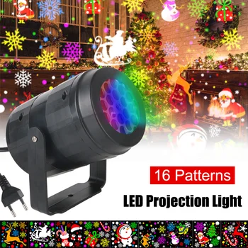 Лазерный светодиодный проекционный светильник AC 85V-260V EU Plug для рождественской вечеринки с 16 узорами, вращающийся держатель, автоматическое RGB-освещение