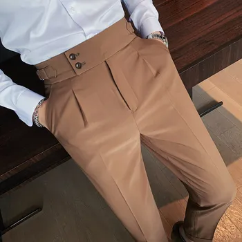Мужские брюки в британском стиле 2023, Весенние Новые Однотонные брюки с высокой талией, высококачественные Облегающие Деловые Повседневные брюки для официальных костюмов