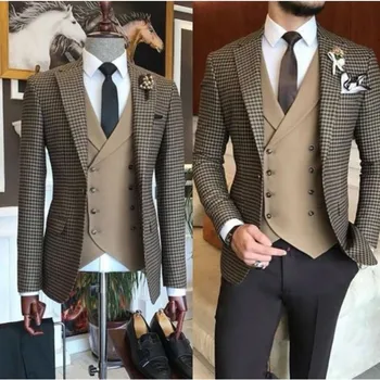 Мужские костюмы, 3 предмета, коричневый маленький квадратный блейзер, брюки в клетку с решетчатым рисунком, свадебная одежда в клетку, приталенный наряд, куртка, брюки, жилет