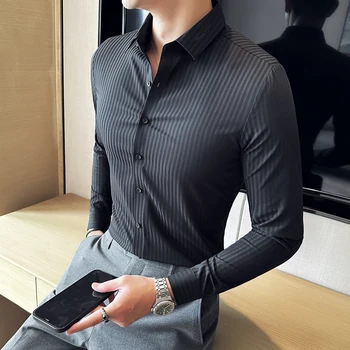 Мужские Роскошные Рубашки Модные Корейские Приталенные Драповые Однотонные Топы На пуговицах Мужские Длинные Весенние Вечерние Деловые Блузки Повседневные E78