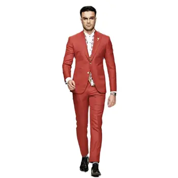 Новые красные мужские костюмы, куртка приталенного кроя, 2 предмета/ блейзер с брюками, Официальная деловая офисная мужская одежда/Однотонное свадебное мужское платье