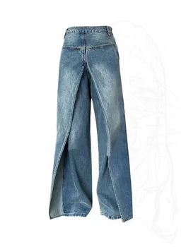 Новые синие джинсовые широкие брюки с высокой талией, модные синие джинсы полной длины 2000-х, эстетичные повседневные брюки с разрезным подолом, ретро-тренд
