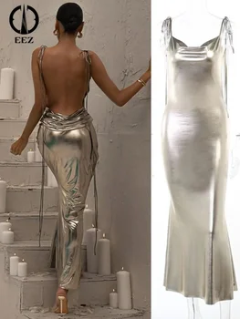 Роскошные металлизированного дизайн плиссированные V-образным вырезом макси платья женщин элегантные блестящие золотые спинки бинты спагетти ремень сарафан кокетка