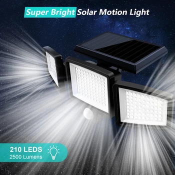 Солнечные наружные фонари 2500LM 210 светодиодных охранных фонарей с дистанционным управлением 3 головки подсветки с датчиком движения широкоугольный прожектор под углом 270 °