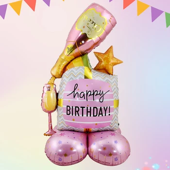 1 комплект трехмерной основы, шампанское, торт с Днем рождения, Фольгированные воздушные шары, украшения для вечеринки по случаю дня рождения
