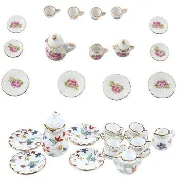 2 комплекта миниатюрной посуды для кукольного домика, фарфоровый чайный сервиз - Красочный цветочный принт и китайская Роза
