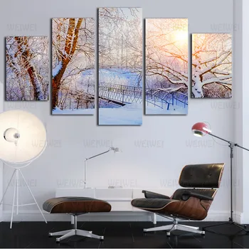 5 штук Пейзаж с лесом, снегом, восходом солнца, холст с HD печатью, современные настенные рисунки для украшения дома в гостиной