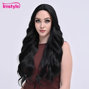 Imstyle черный парик Длинный синтетический парик на кружеве спереди, средняя часть, объемные волнистые кружевные парики для женщин, термостойкий парик для косплея на каждый день