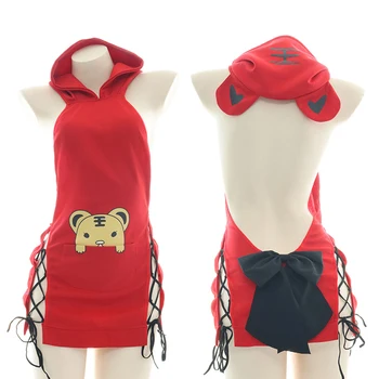 Kawaii Animal Girl, боди с тигром, сексуальный бандажный комплект нижнего белья, красная толстовка с капюшоном в стиле Лолиты, топы с бантом и открытой спиной, комбинезон на шнуровке