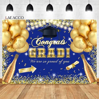 Laeacco Поздравляет с выпускным фото, Золотой воздушный шар, класс шампанского 2023, выпускной вечер, празднование портретной фотографии