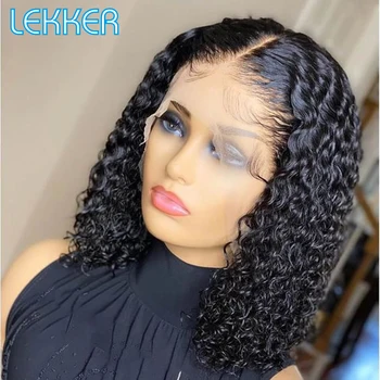Lekker Короткий вьющийся Боб 360 Полностью кружевных фронтальных париков из человеческих волос для женщин, Бразильские волосы Remy, Прозрачные кружевные глубокие волнистые парики-бобы