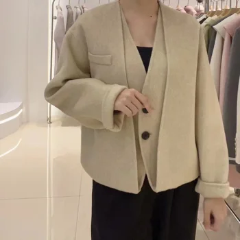 SuperAen 2023 Осень /зима, новое короткое Женское шерстяное пальто корейского дизайна из искусственной шерсти из двух частей
