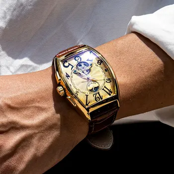 Автоматические механические мужские часы класса люкс высокого качества Tonneau Orologio Skeleton из натуральной кожи делового мужчины Мужские наручные часы