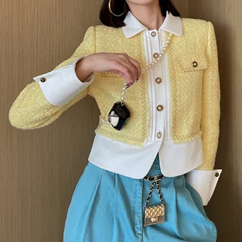 Весенне-осеннее желтое короткое пальто в стиле пэчворк с длинным рукавом и воротником, женские модные шикарные милые Женские повседневные куртки из корейского твида
