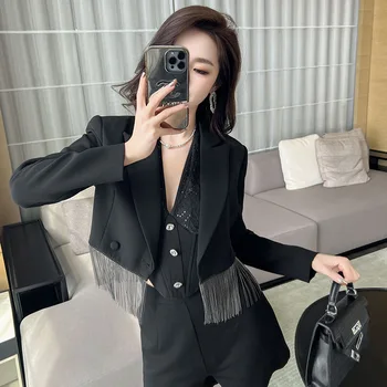 Весенний Модный Дизайн 2024, короткий пиджак с кисточками, универсальный приталенный черный маленький костюм 9739