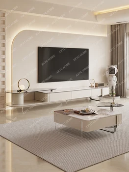 Выдвижная комбинация тумбы для телевизора и чайного столика в современном минималистичном стиле для гостиной в кремовом стиле