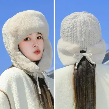 Вязаная зимняя шапка Женская зимняя шапка Lei Feng с плюшевой подкладкой, дизайн шнурка для утолщенной термозащиты, Защита ушей