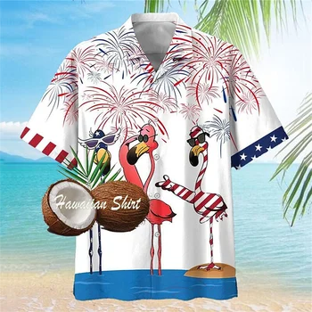 Гавайская Рубашка С коротким рукавом, Мужская Шифоновая Рубашка С Тропическим Принтом Фламинго, Свободная Социальная Рубашка, Футболка Оверсайз, Мужская С