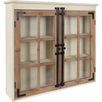 Декоративный деревянный настенный шкаф в фермерском доме, 30 x 6,5 x 27,5, белый и коричневый, настенный шкаф со стеклянной дверцей
