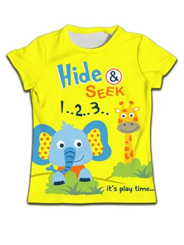 Детские футболки для девочек, Желтая Детская одежда, Повседневная футболка для мальчиков, Слоны, Жирафы, Прятки, Детский Мультфильм С Коротким рукавом