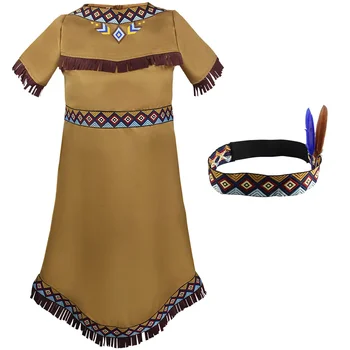 Детское платье для девочек, детская традиционная индийская одежда, Карнавальный костюм коренных индейцев на Хэллоуин с головным убором