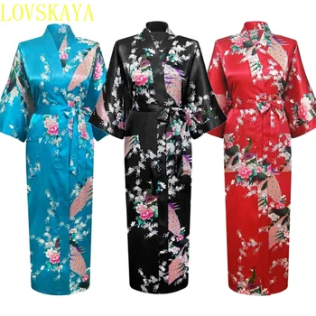 Длинное и свободное японское атласное женское платье-пижама с павлином, Восточное кимоно, китайская цветастая пижама хаори