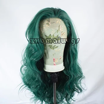 Длинный волнистый синтетический кружевной парик Зеленые волосы Кружевные Передние парики для женщин Бесклеевой Косплей Парик для вечеринки Термостойкие парики