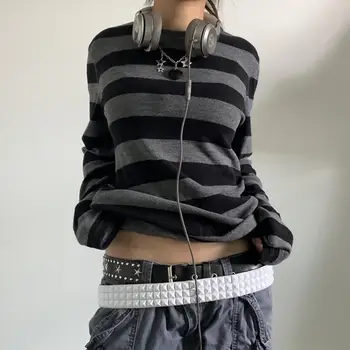 Женская базовая рубашка из трикотажа Fairy Grunge, осенние топы Y2K в серую и черную полоску с длинным рукавом и круглым вырезом.