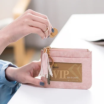 Женская ультратонкая сумка для монет, сумочка для карт, окошко для удостоверения личности, короткий кошелек с кольцом-брелоком с кисточкой