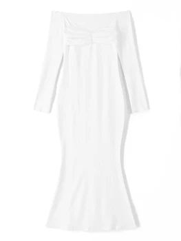 Женские платья Y2k с открытыми плечами, облегающее платье с рюшами, пуловер, Макси-платье с длинным рукавом, Гранжевая одежда