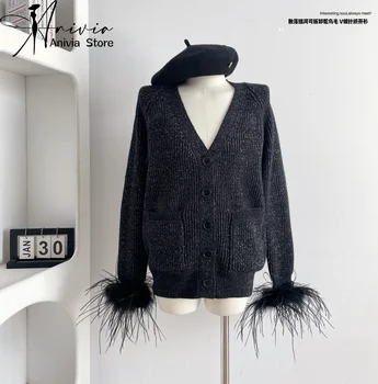 Женский Осенне-Зимний однобортный Черный свитер С V-образным вырезом, Модный и Элегантный Свитер С длинными рукавами и меховой манжетой Y2K, пальто, Топ