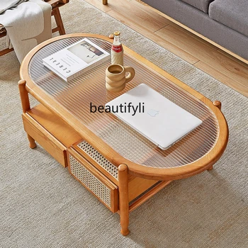 Журнальный столик в японском стиле, гостиная, Домашний Овальный Чайный столик из цельного дерева Чанхун, Стеклянный ротанг, Кровать и завтрак