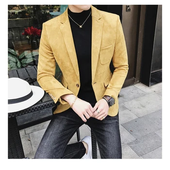 Замшевые Корейские однотонные блейзеры с одной пряжкой, Мужской тонкий деловой костюм для социальной работы, куртка для мужского клуба, куртка для отдыха, пальто