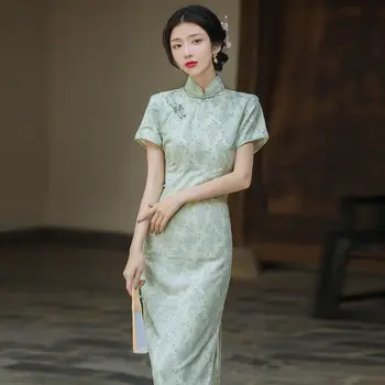 Зеленое платье для молодых девушек, Китайское Ципао, Элегантное Улучшенное Винтажное Молодежное платье Cheongsam Chi-pao, Женская Летняя одежда 2023 года