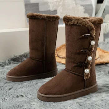 Зимние ботинки на толстой подошве, женские Зимние ботинки 2023, Новая жемчужная пряжка Для ношения снаружи, Кашемировая нескользящая теплая хлопчатобумажная обувь