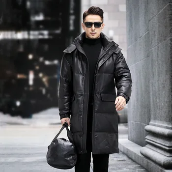 Зимняя новая пуховая куртка из натуральной кожи, тренч из овчины первого слоя, черное теплое Длинное пуховое пальто из натуральной кожи с капюшоном