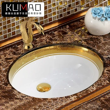 Золотая вставная раковина в европейском стиле, круглая керамическая раковина, встроенный умывальник, раковина для ванной комнаты небольшого размера