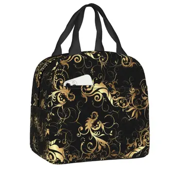 Золотой цветочный орнамент, бесшовный узор, Термоизолированная сумка для ланча, Многоразовая сумка для ланча в стиле барокко, Походная Многофункциональная коробка для еды